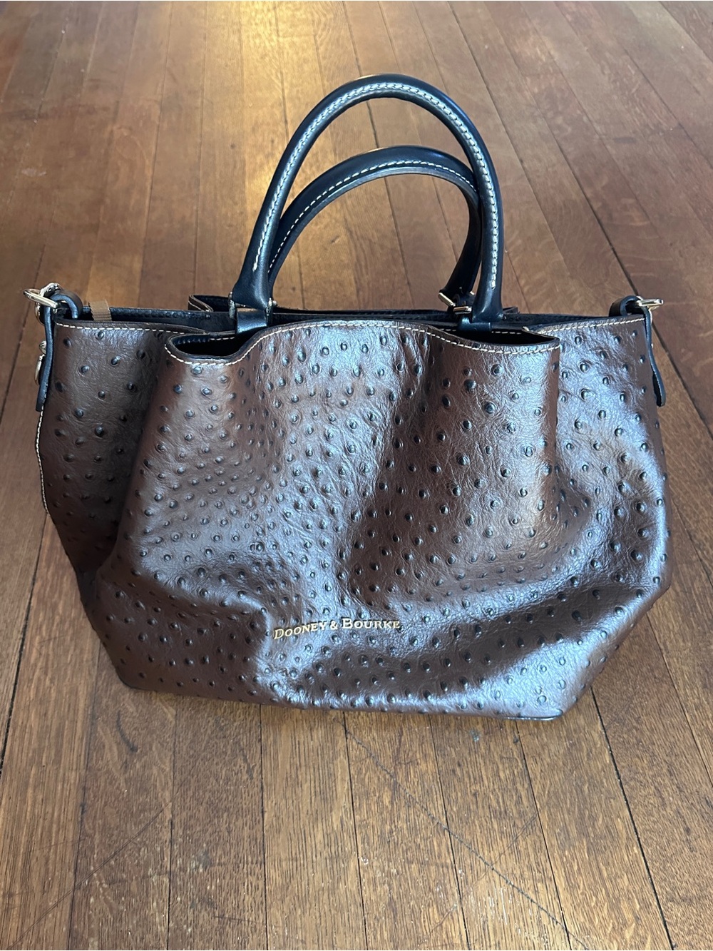 Dooney & Bourke Brown Ostrich-Embossed Satchel with Black Handles